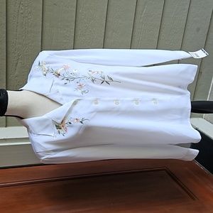 VINTAGE KATHY CHE BLOUSE BUTTON BIRD FLORAL SEMI-SHEER 14  LONGSLEEVE EMBROIDERY